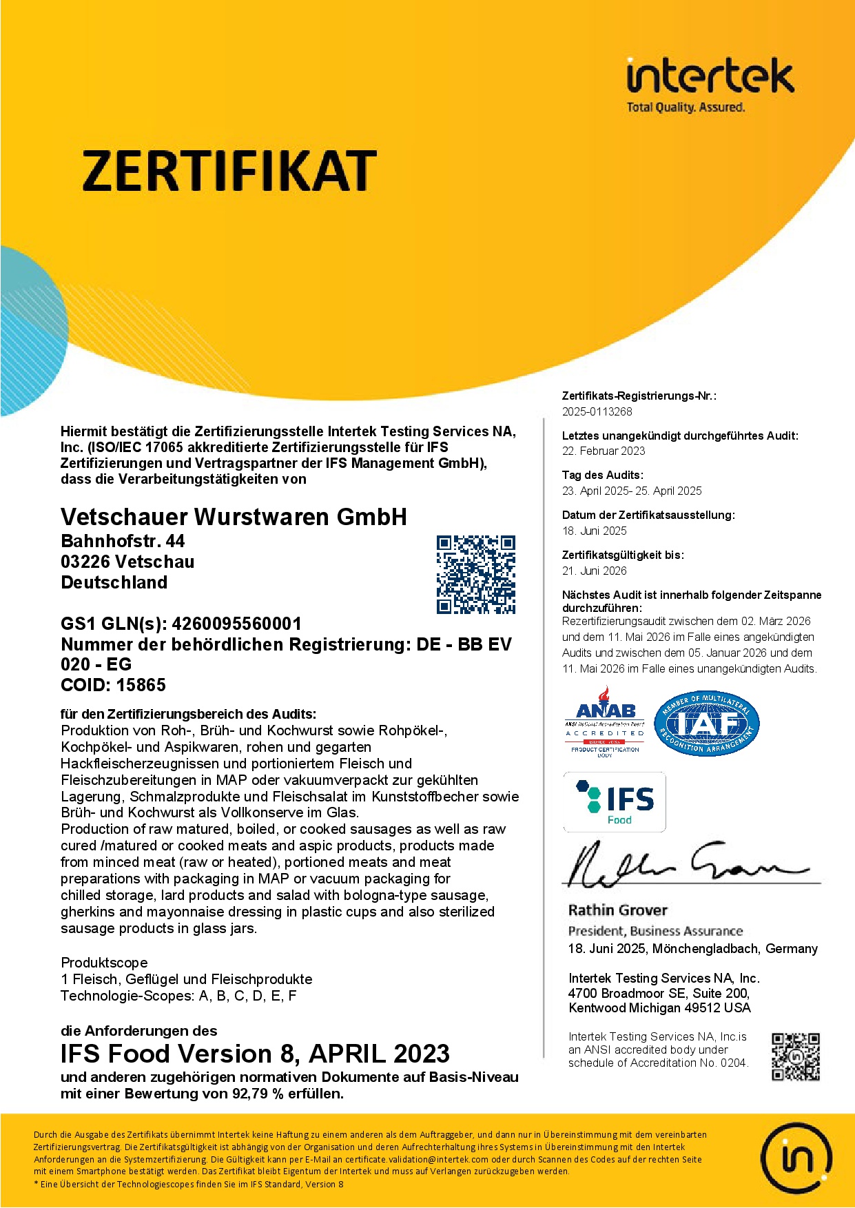 IFS Food Zertifikat – Vetschauer Wurstwaren GmbH